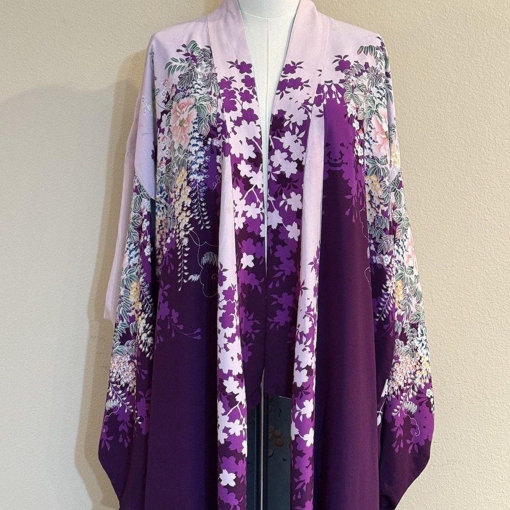 Vintage Reversible Japanese Rayon Kimono Robe Purple Floral Made Japan 1930s